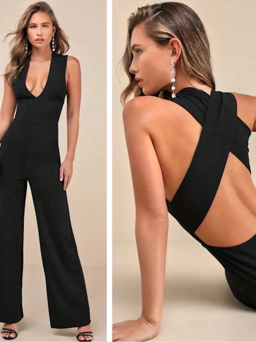 Lulus Make Memories Open-Back Wide-Leg Jumpsuit Black Small Like New